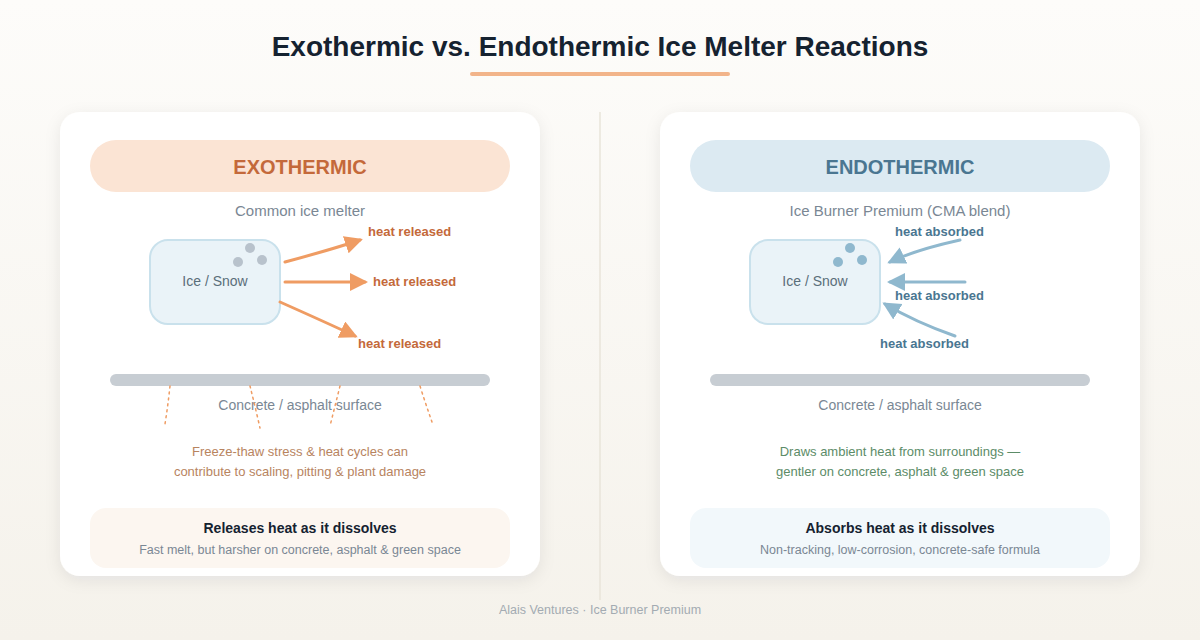 Diagram comparing exothermic ice melters, which release heat and can damage concrete, asphalt and plants, with endothermic Ice Burner Premium, which absorbs heat and is gentler on surfaces